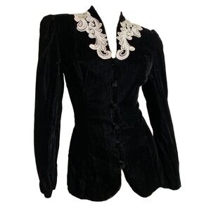 1980s Black Velvet Nipped Waist Jacket with Lace Trim Jessica McClintock